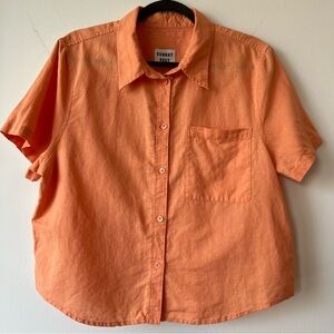 Sunday Best Aritzia LINEN Crop Top Women Large Short Sleeve Button BOXY Bohemian